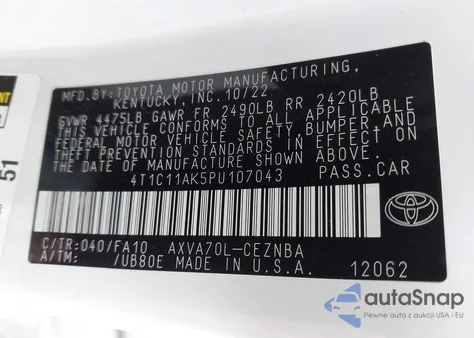 2023 Toyota Camry Le из США, поврежденный, VIN 4T1C11AK5PU107043